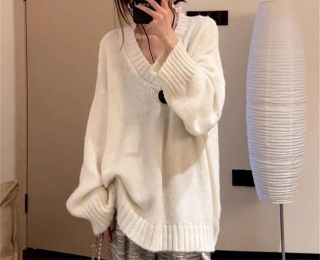 V-Neck Plain Oversized Sweater Product Image