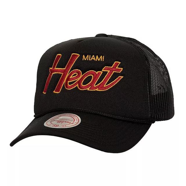 Mens Mitchell & Ness Miami Heat Script Sidepatch Trucker Adjustable Hat Product Image