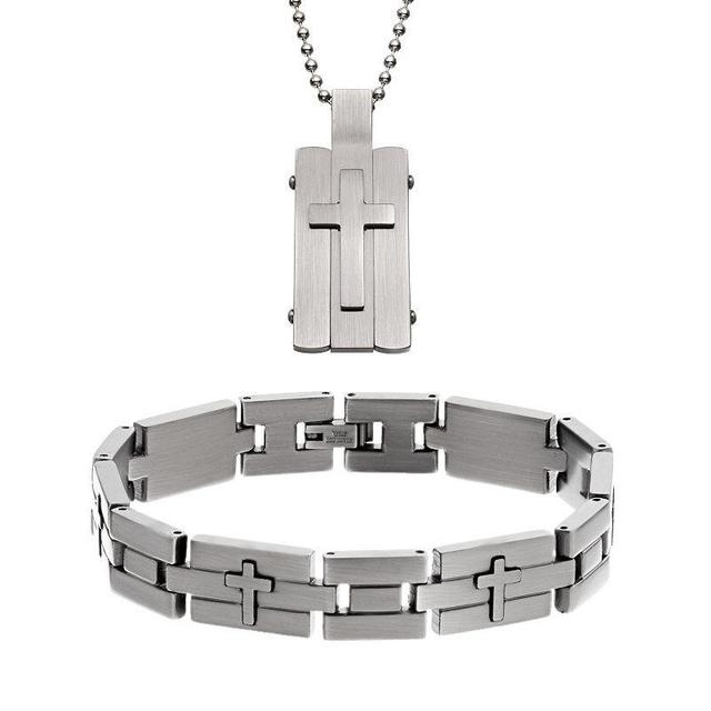 Two Tone Stainless Steel Cross Dog Tag and Bracelet Set - Men, Mens Grey Product Image