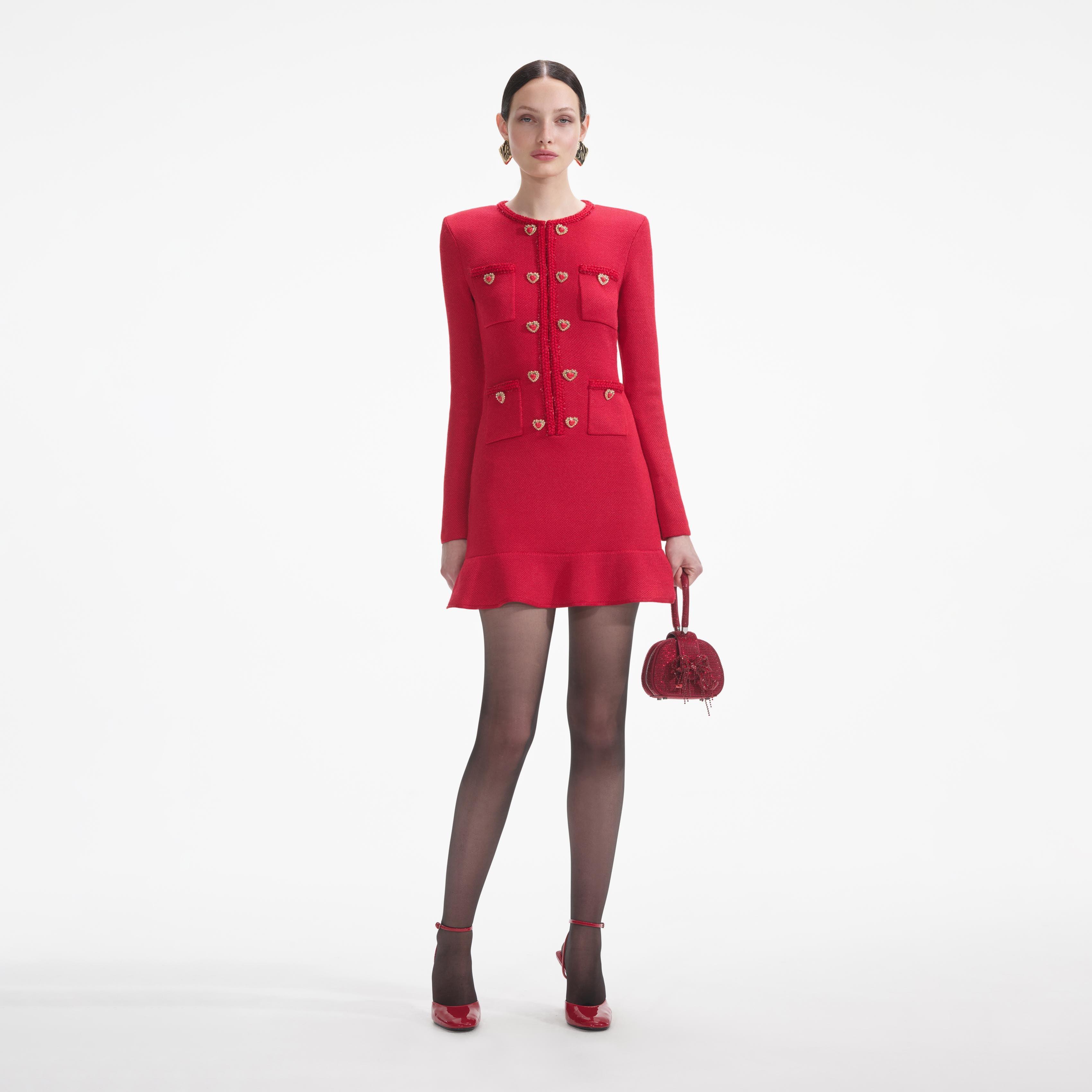 Red Knit Heart Buttoned Mini Dress Product Image