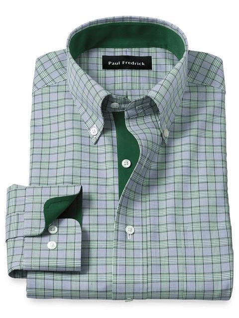 Non-Iron Cotton Plaid Dress Shirt With Contrast Trim - Navy/green Product Image