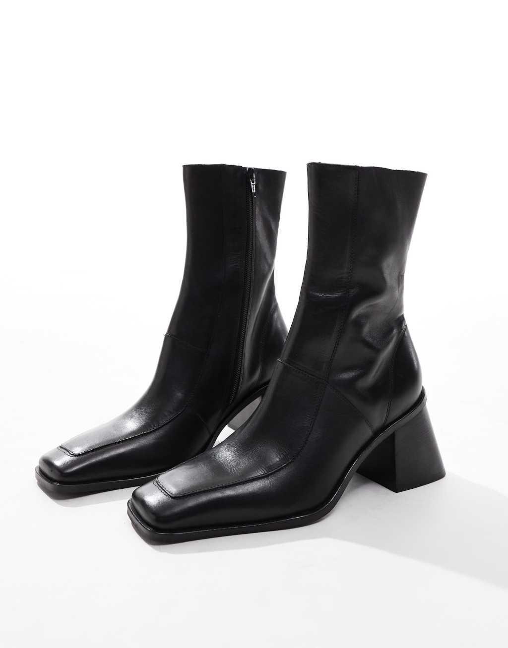 ASOS DESIGN Ria mid-heel leather boots in black Product Image