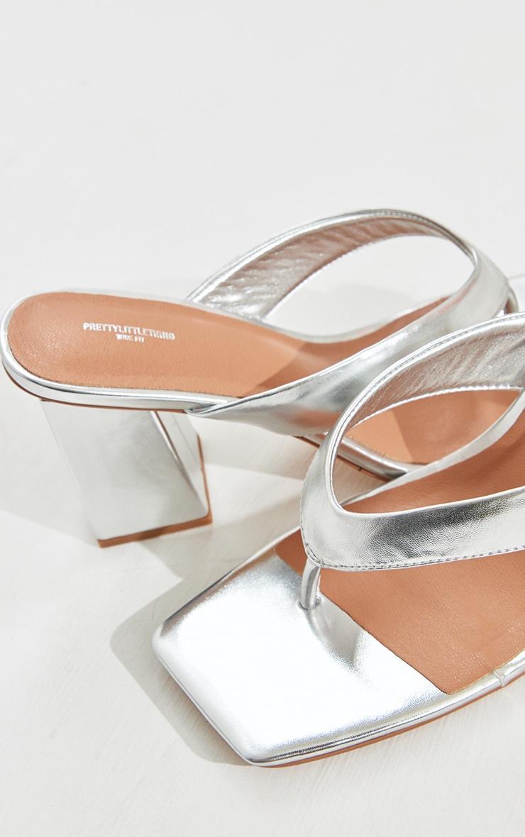 Silver Wide Fit Pu Square Toe Thong Block Mid Heeled Mules Product Image