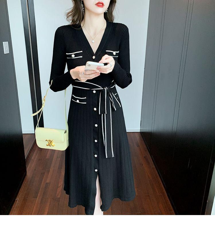 Long-Sleeve V-Neck Contrast Trim Button Ribbed Midi A-Line Knit Dress Product Image