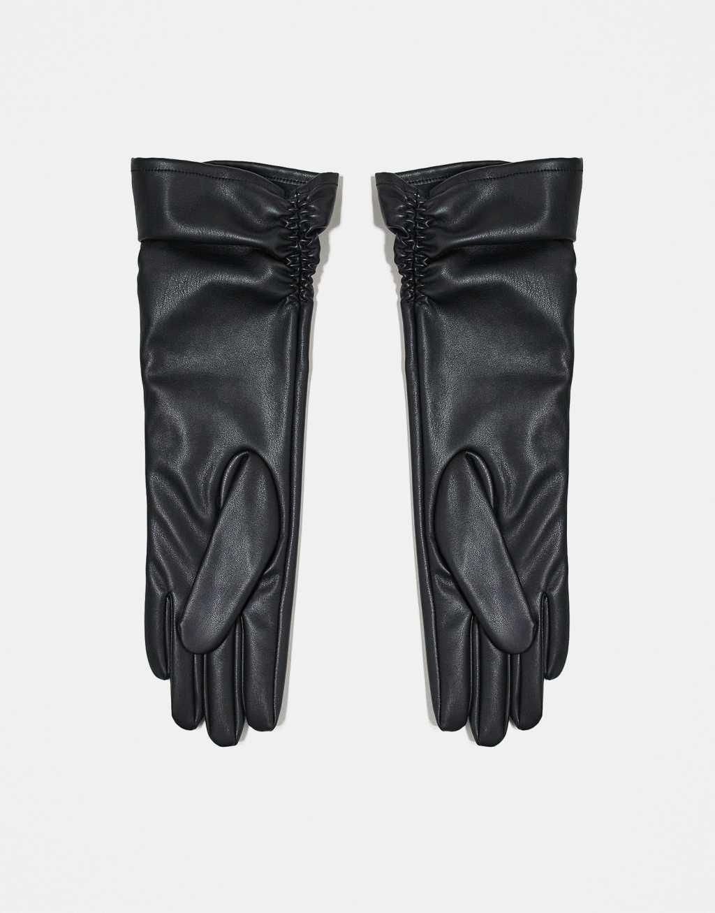 ASOS DESIGN faux leather long gloves with ruched detail Product Image