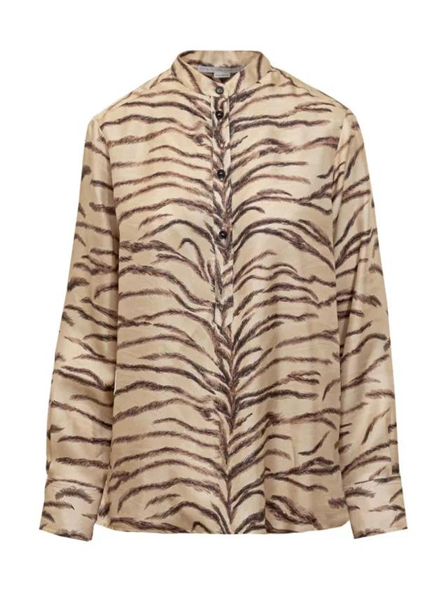 Tiger-print Silk Pajama Shirt In Beige Product Image