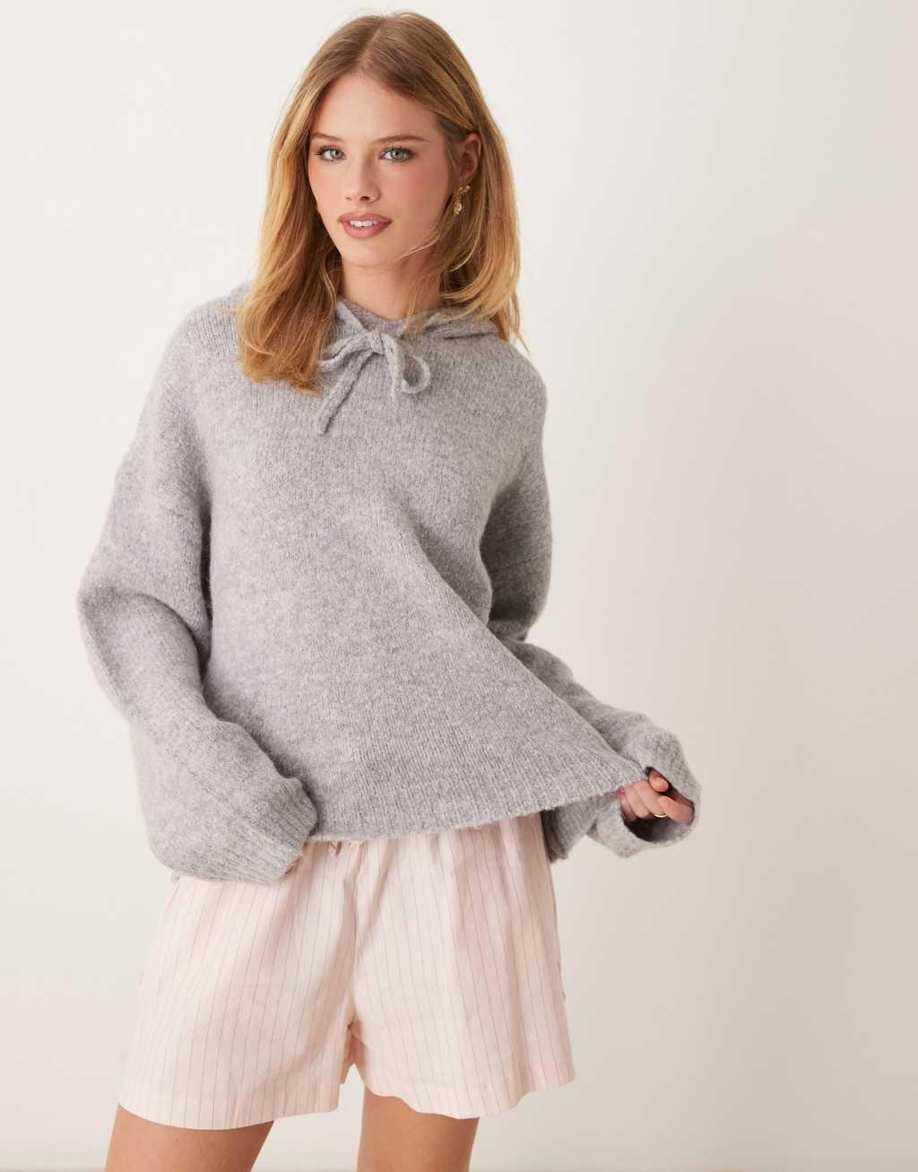 GINA TRICOT super soft fluffy knit oversized hoodie in heather gray Product Image