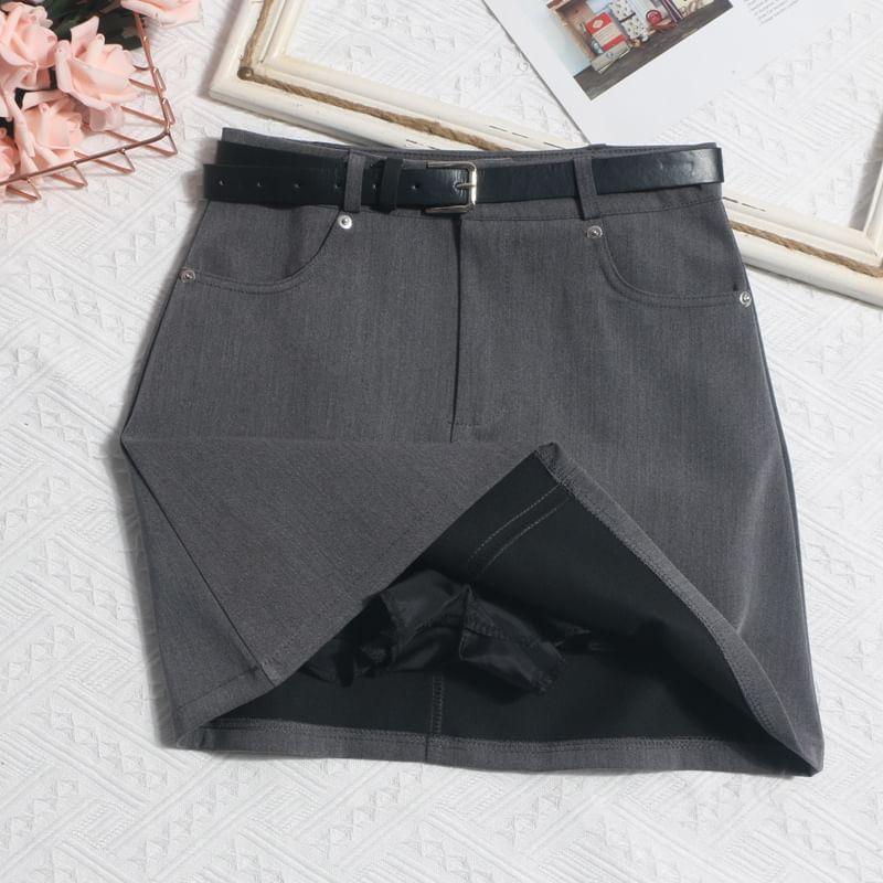 High Waist Plain Belted Mini A-Line Skirt Product Image