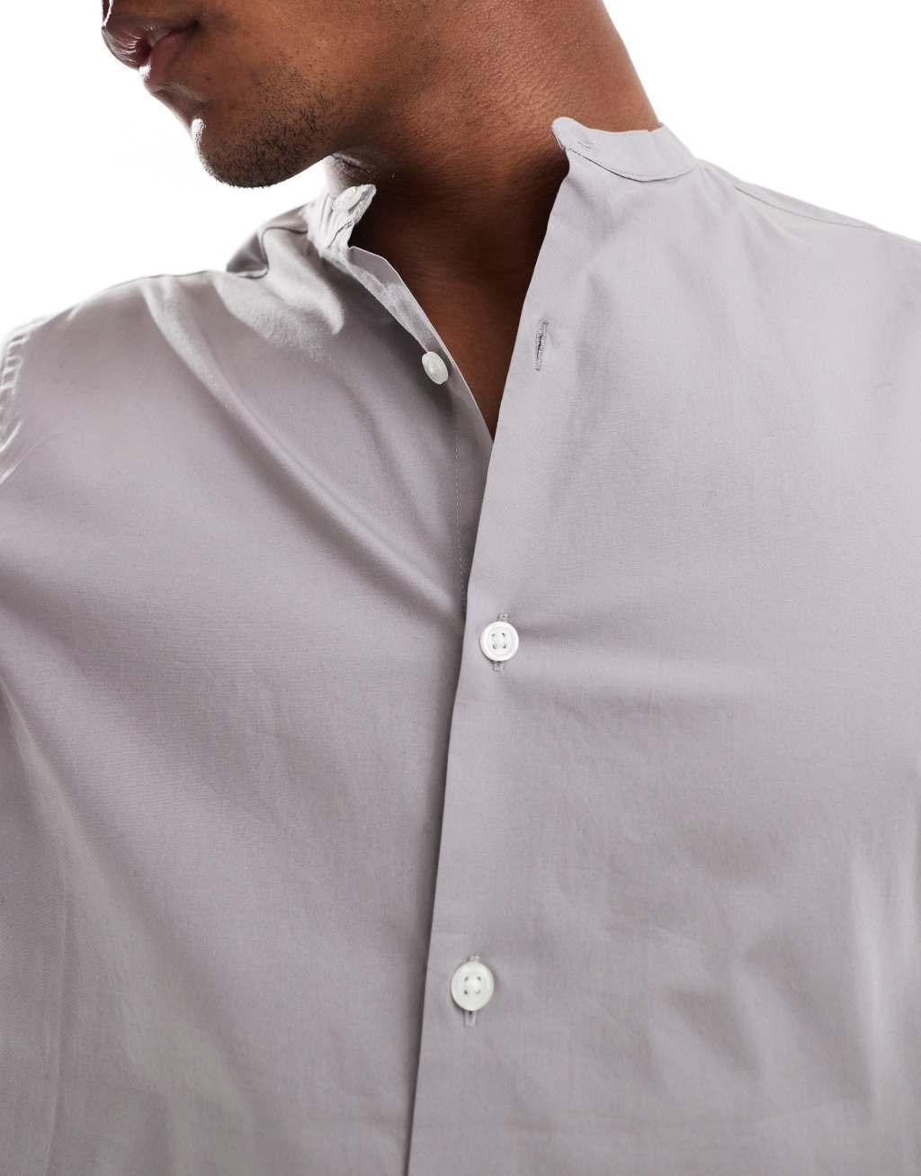 ASOS DESIGN slim fit band collar shirt in charcoal Product Image