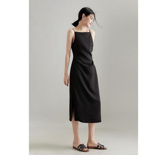 Spaghetti Strap Plain Side-Slit Midi Sheath Dress Product Image