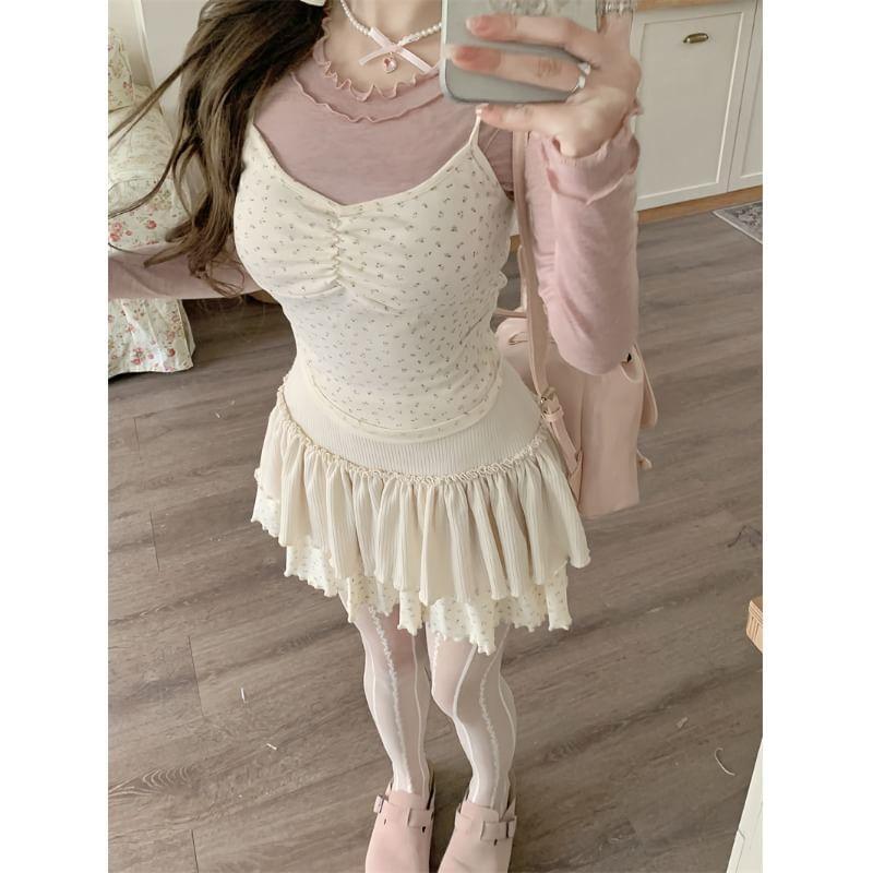 Floral Print Ruched Camisole Top / High Waist Ruffle Mini A-Line Skirt / Long Sleeve Crew Neck Plain Lettuce Edge Top Product Image