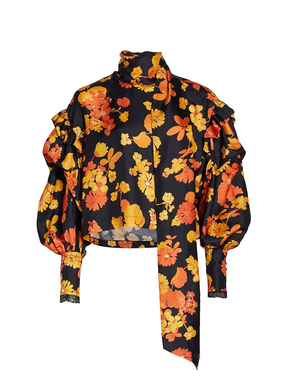 Womens Floral Silk Puff-Sleeve Top Product Image