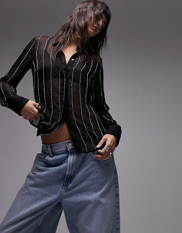 Topshop diamante stripe sheer shirt in black Product Image