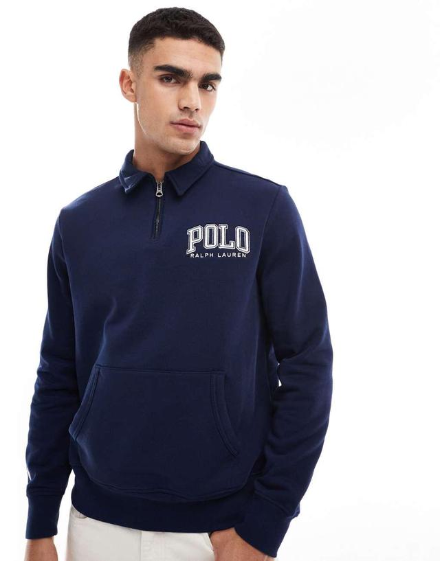 Polo Ralph Lauren collegiate logo half zip fleece sweatshirt classic oversized fit in navy Product Image