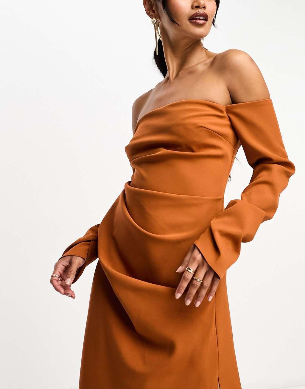 ASOS DESIGN bardot ruched sleeve midaxi dress in rust Product Image