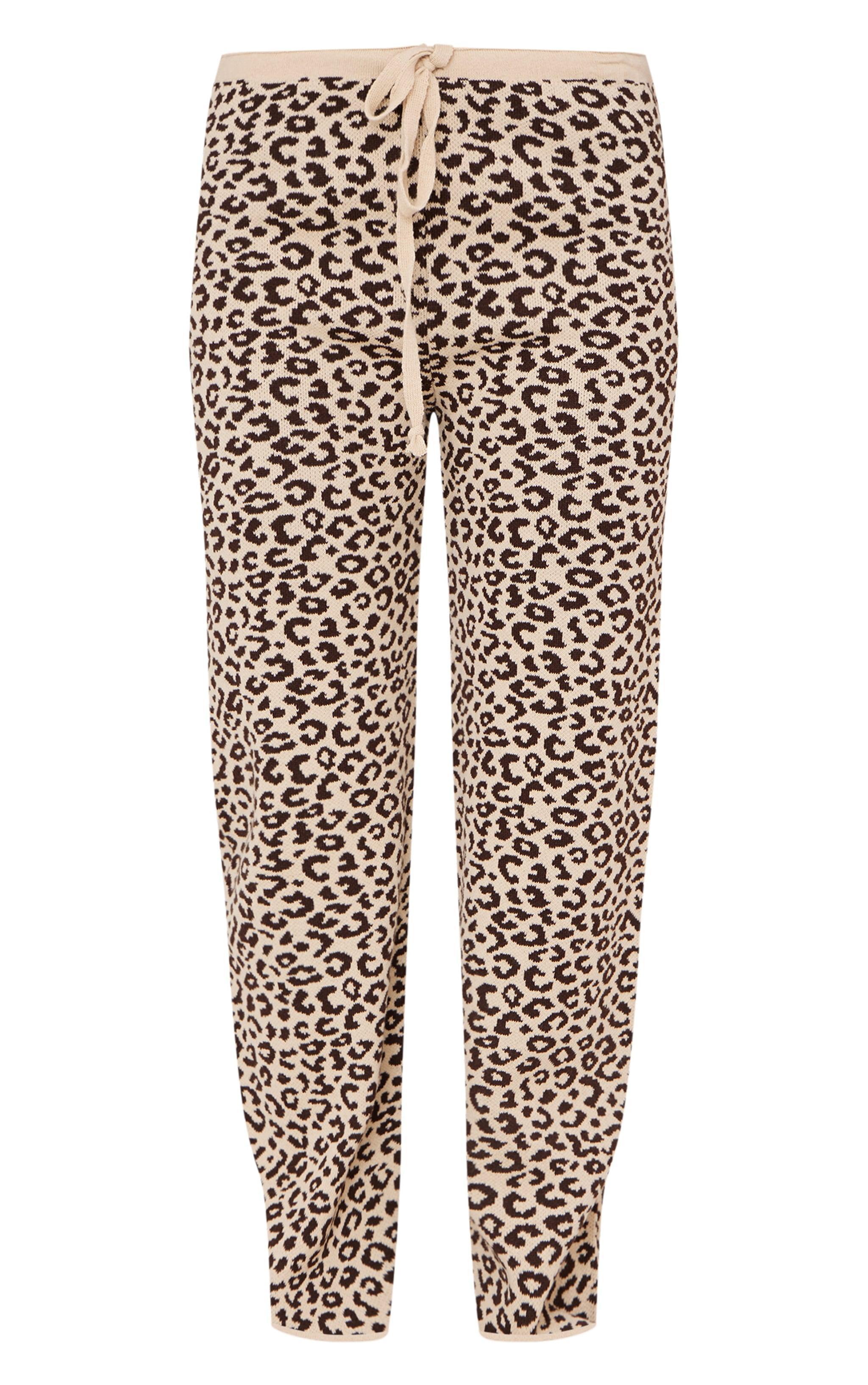 Brown Leopard Print Wide Leg Knitted Pants Product Image