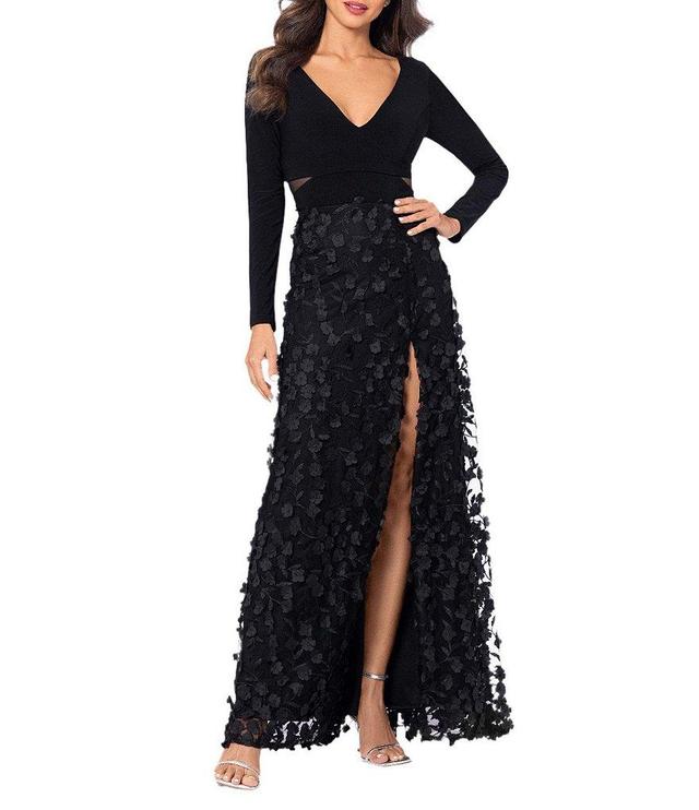 Xscape Petite Size V-Neck Long Sleeve 3D Petal Effect Gown Product Image