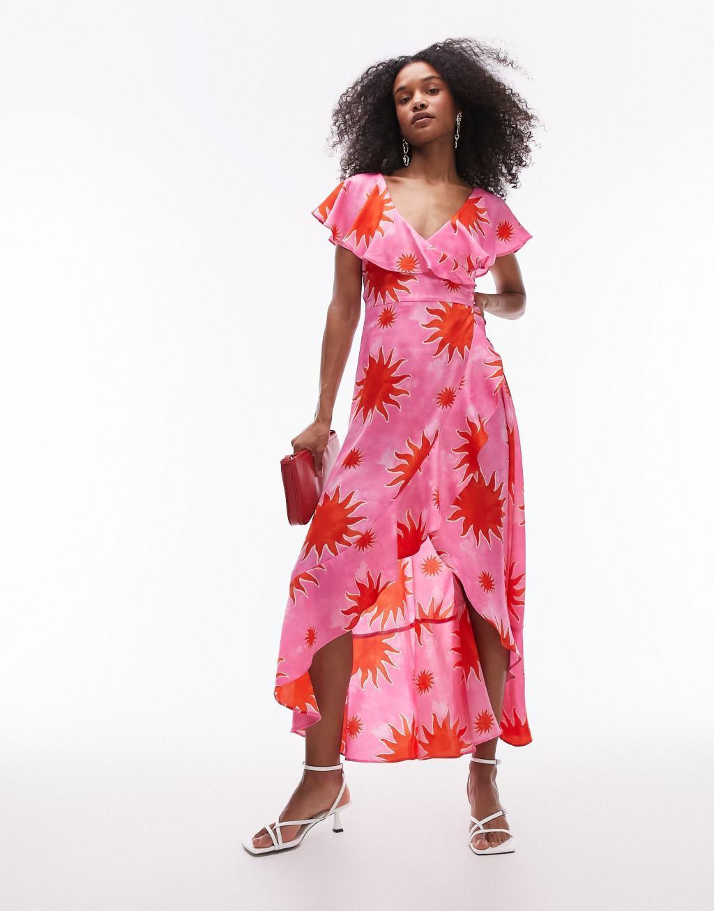 Topshop frill wrap maxi dress in pink and red splodge print Product Image