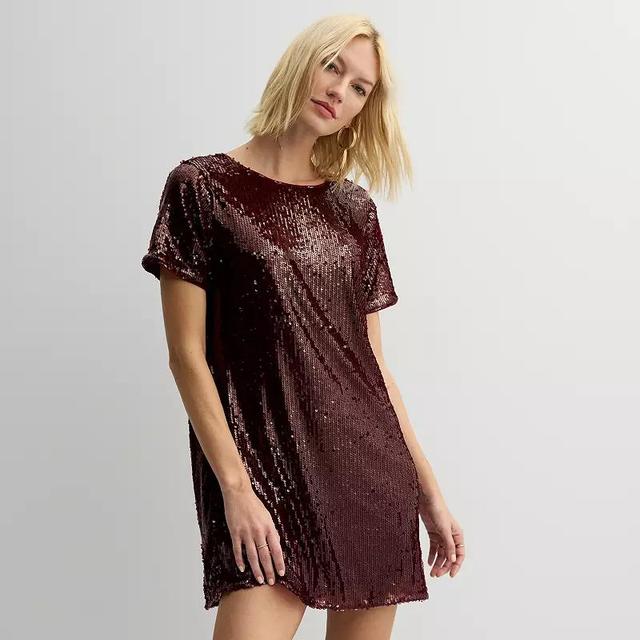 Womens Nine West Short Sleeve Sequin Mesh Mini Shift Party Dress Maddie Purple Product Image