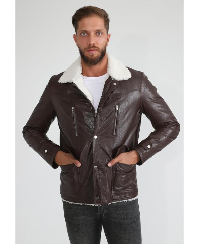 Mens Genuine Leather Coat with Shearling Lining Nappa and White Curly Wool - Brown Product Image