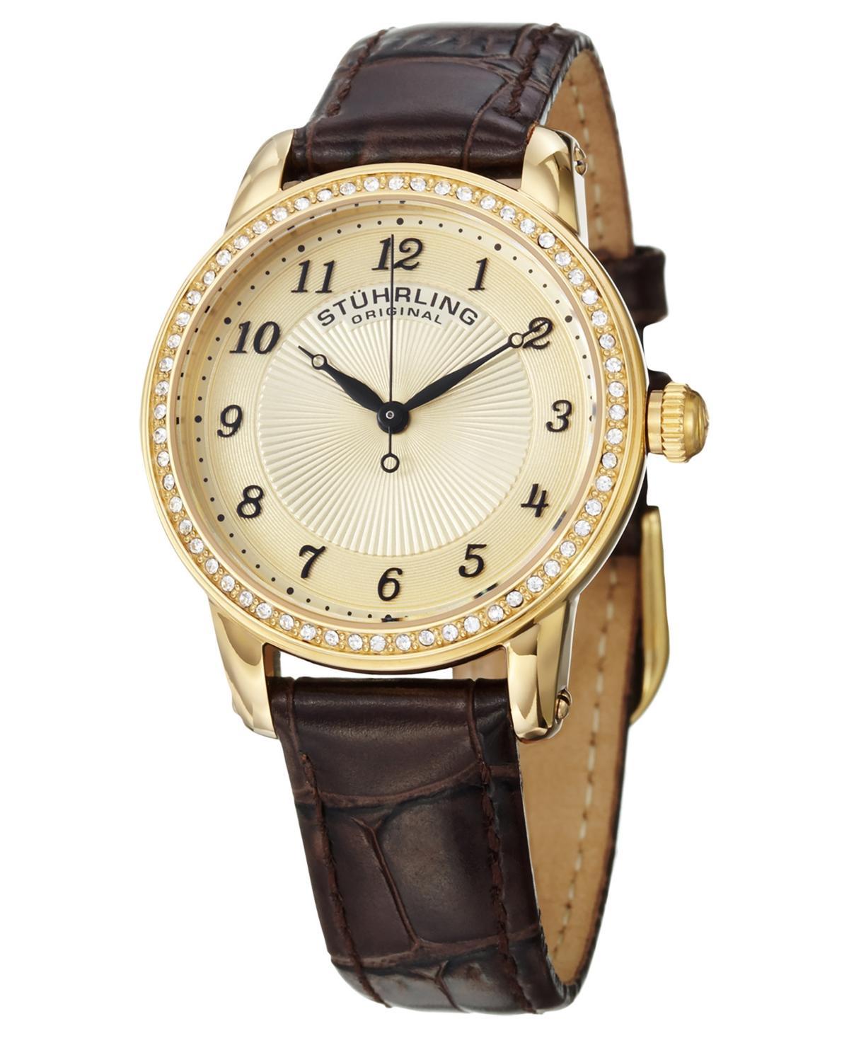 Womens Ultra Slim Brown Alligator Embossed Genuine Leather Strap Watch 34mm - Yellow Product Image