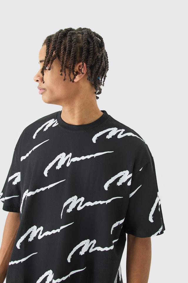 Man Signature All Over Print Oversized T-shirt | boohooMAN USA Product Image