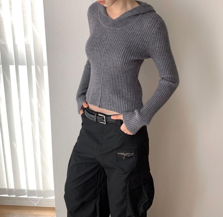 Plain Ribbed Knit Slim Fit Crop Hoodie Product Image