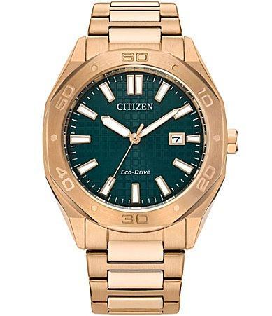 Citizen Mens Eco Drive Weekender Three Hand Rose Gold Tone Stainless Steel Watch Product Image