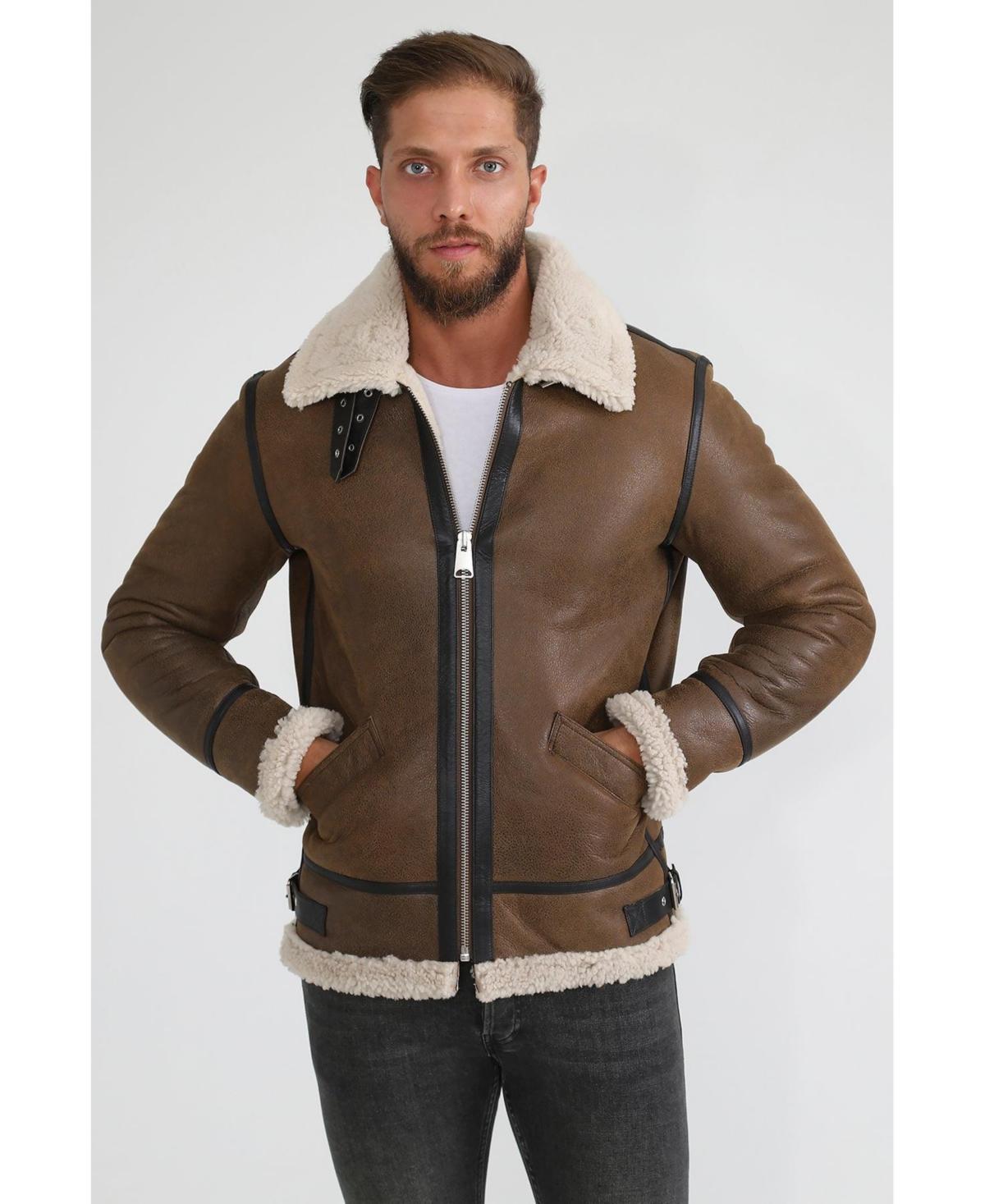 Furniq Uk Mens Shearling Aviator Jacket, Vintage with Beige Curly Wool - Camel Product Image