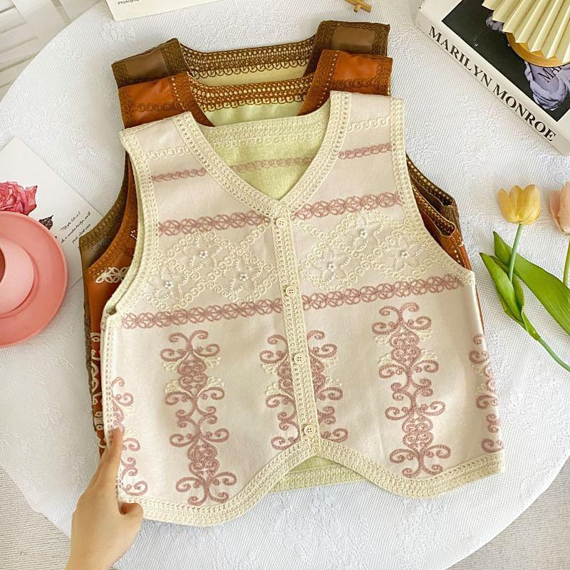 V-Neck Floral Embroidered Button-Up Faux Leather Crop Vest Product Image