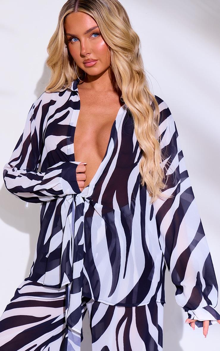 Monochrome Zebra Print Tie Front Oversized Beach Shirt Product Image