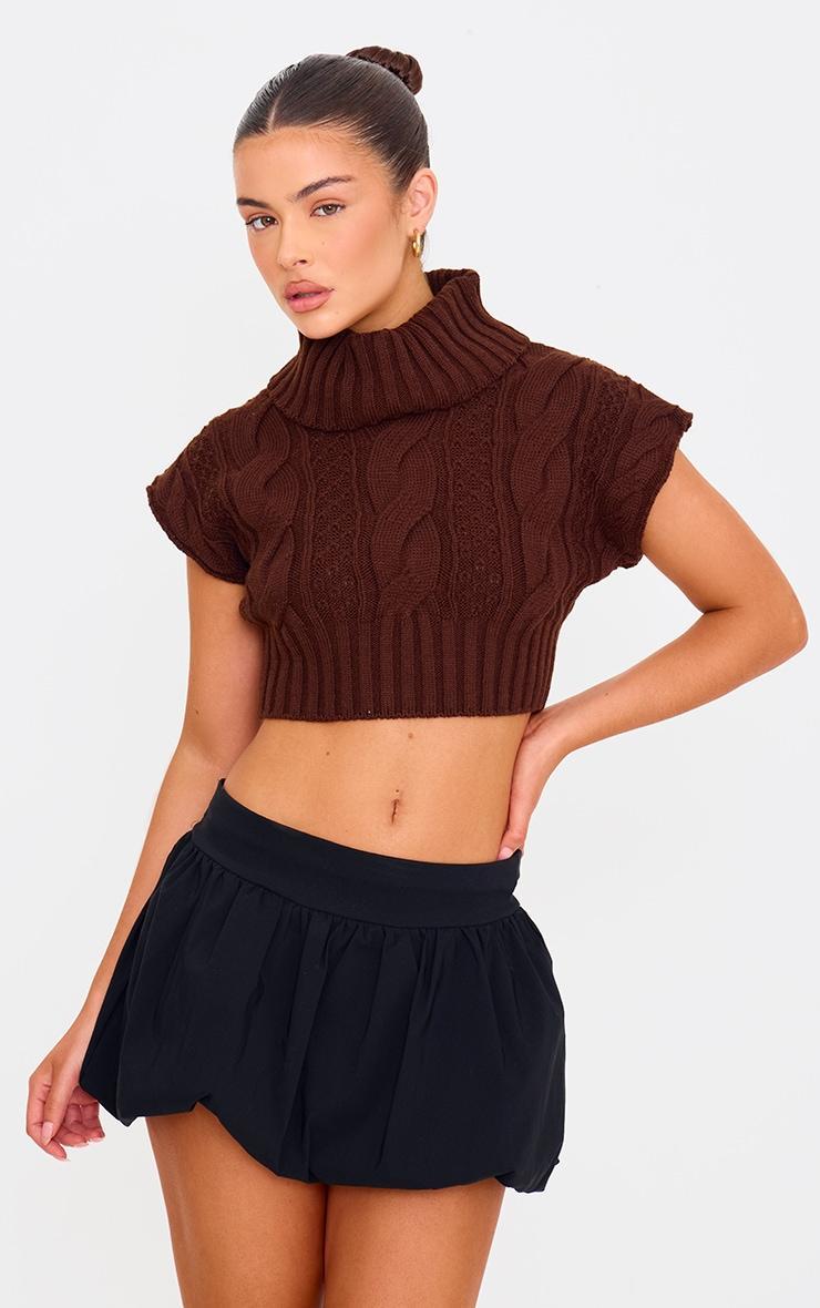 Chocolate Cable Knit Roll Neck Cap Sleeve Cropped Vest Product Image