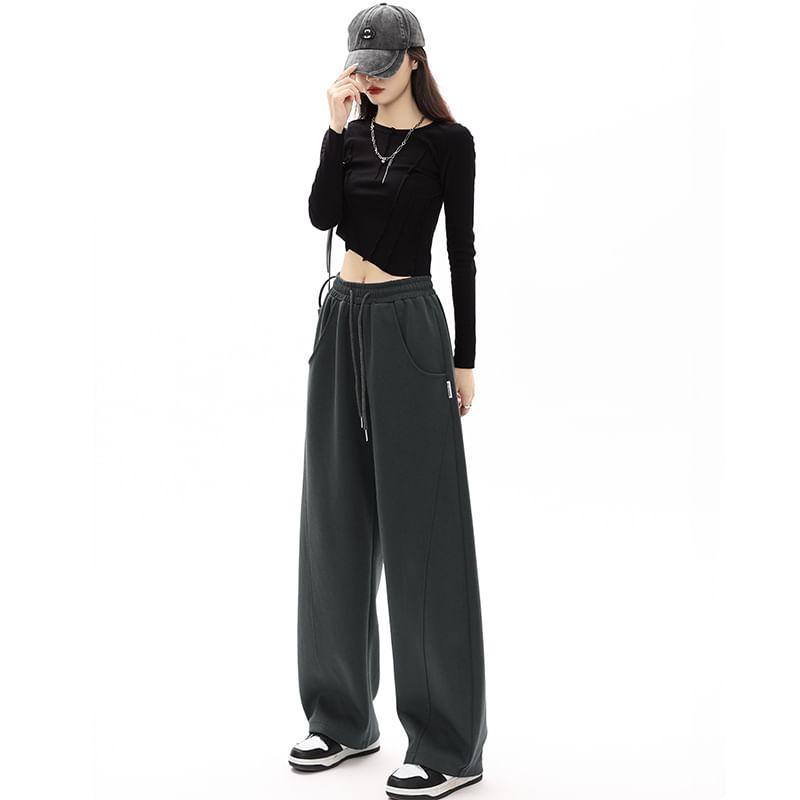 Mid-Waist Drawstring Pocketed Wide-Leg Plain Sweatpants Product Image