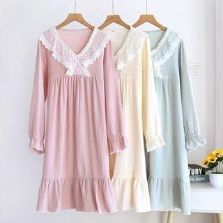 Long-Sleeve V-Neck Lace Trim Pajama Dress Product Image