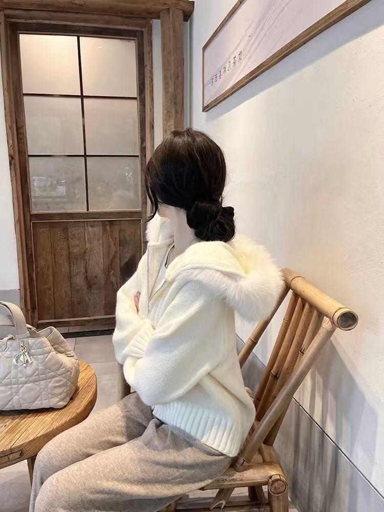 Fluffy Hooded Plain Zip Cropped Cardigan Product Image