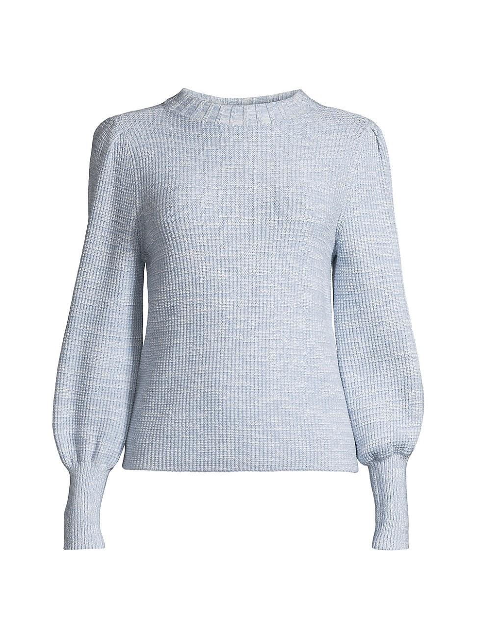 Womens Petite Puff-Sleeve Waffle-Knit Sweater Product Image