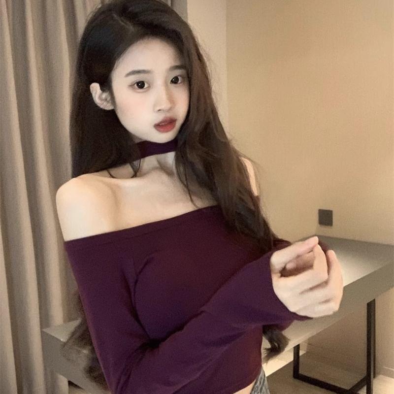 Long Sleeve Cold Shoulder Plain Top Product Image