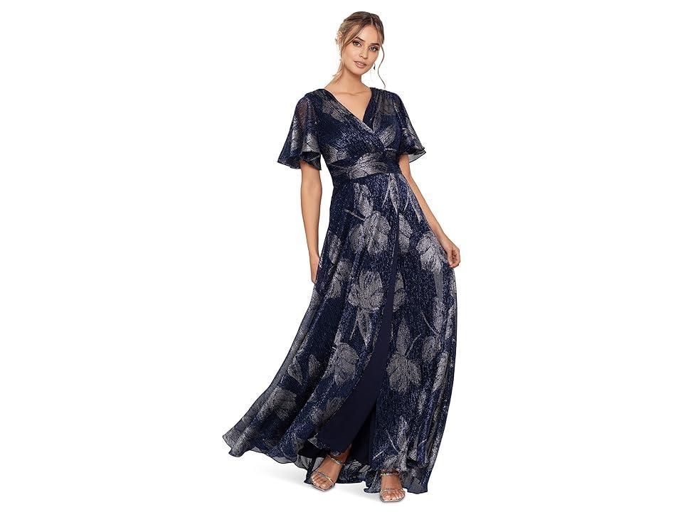 Betsy & Adam Long Flutter Sleeve Foil Print Gown (Navy/Gunmetal) Women's Clothing Product Image