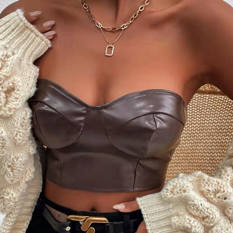 Plain Faux Leather Crop Tube Top Product Image