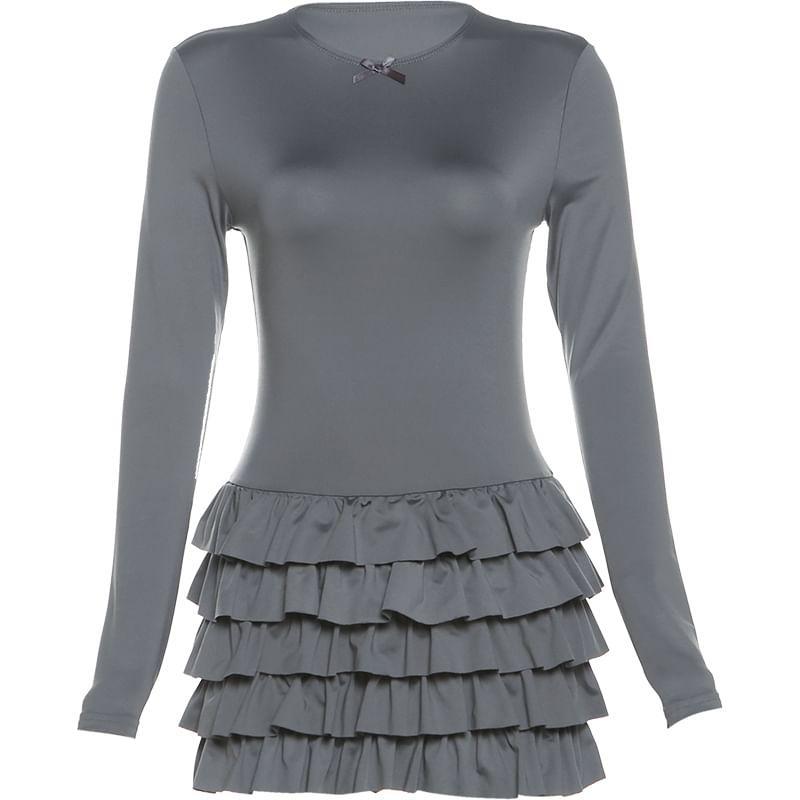 Long-Sleeve Crew Neck Plain Ruffle Bow Mini A-Line Dress Product Image