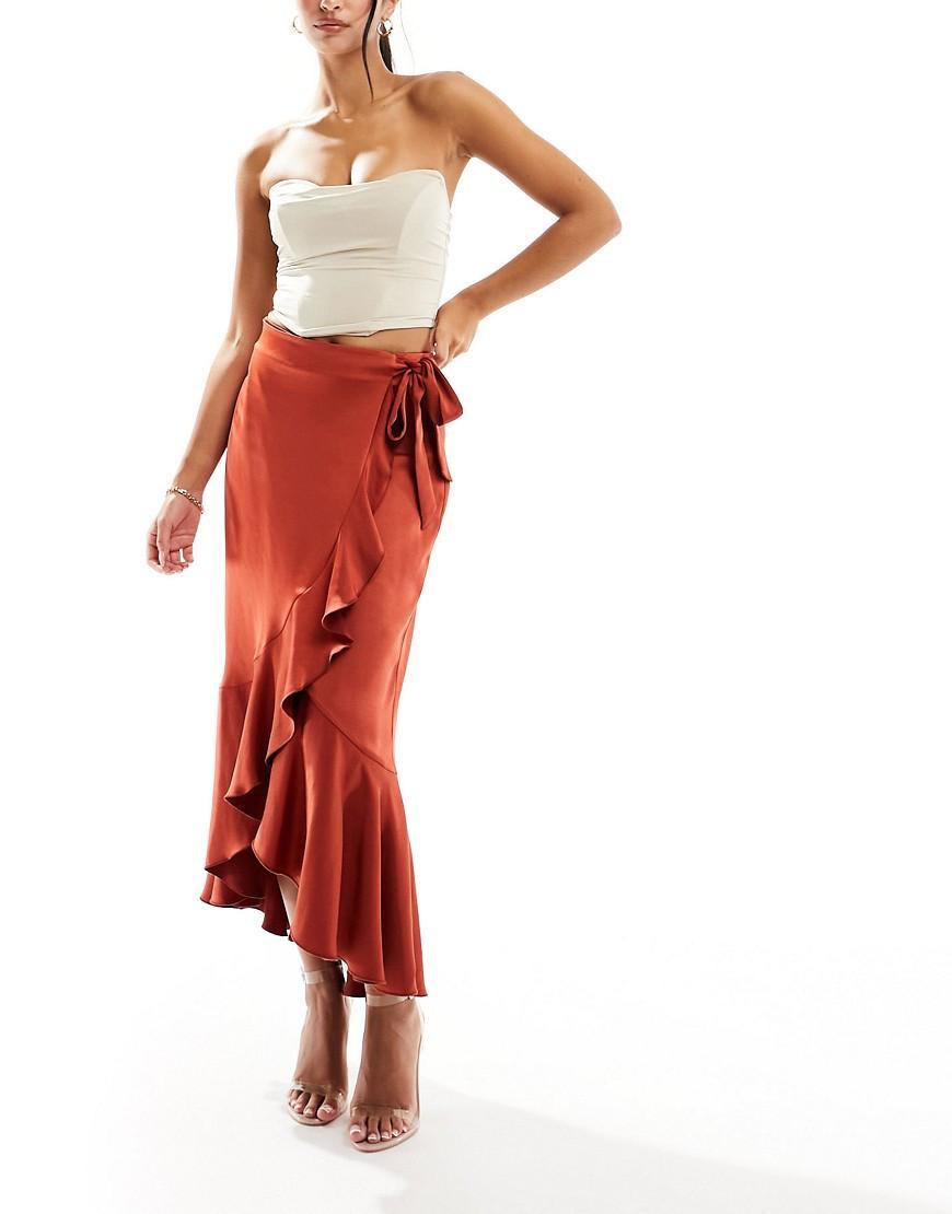 Flounce London satin wrap midaxi skirt in emerald green Product Image