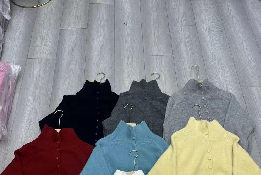 Stand Collar Plain Button-Up Cardigan Product Image