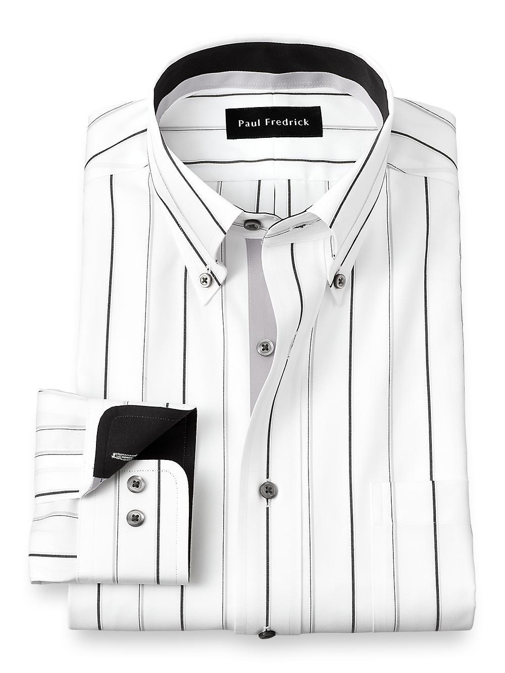 Non-Iron Cotton Stripe Dress Shirt With Contrast Trim - Black/grey Product Image