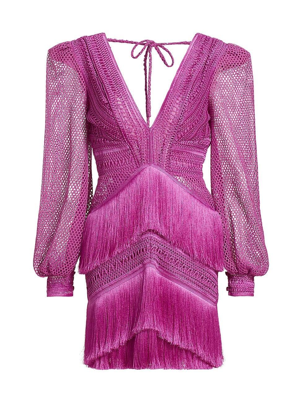 Womens Pink Fringe Long-Sleeve Minidress Product Image