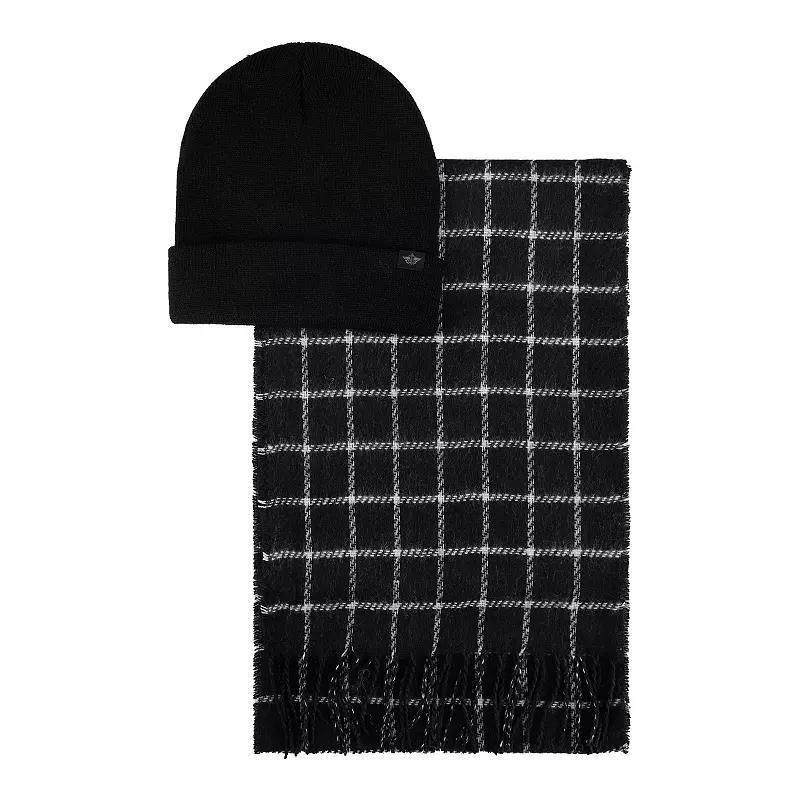 Mens Dockers Flat Knit Beanie & Box Grid Scarf Cold Weather Set Product Image