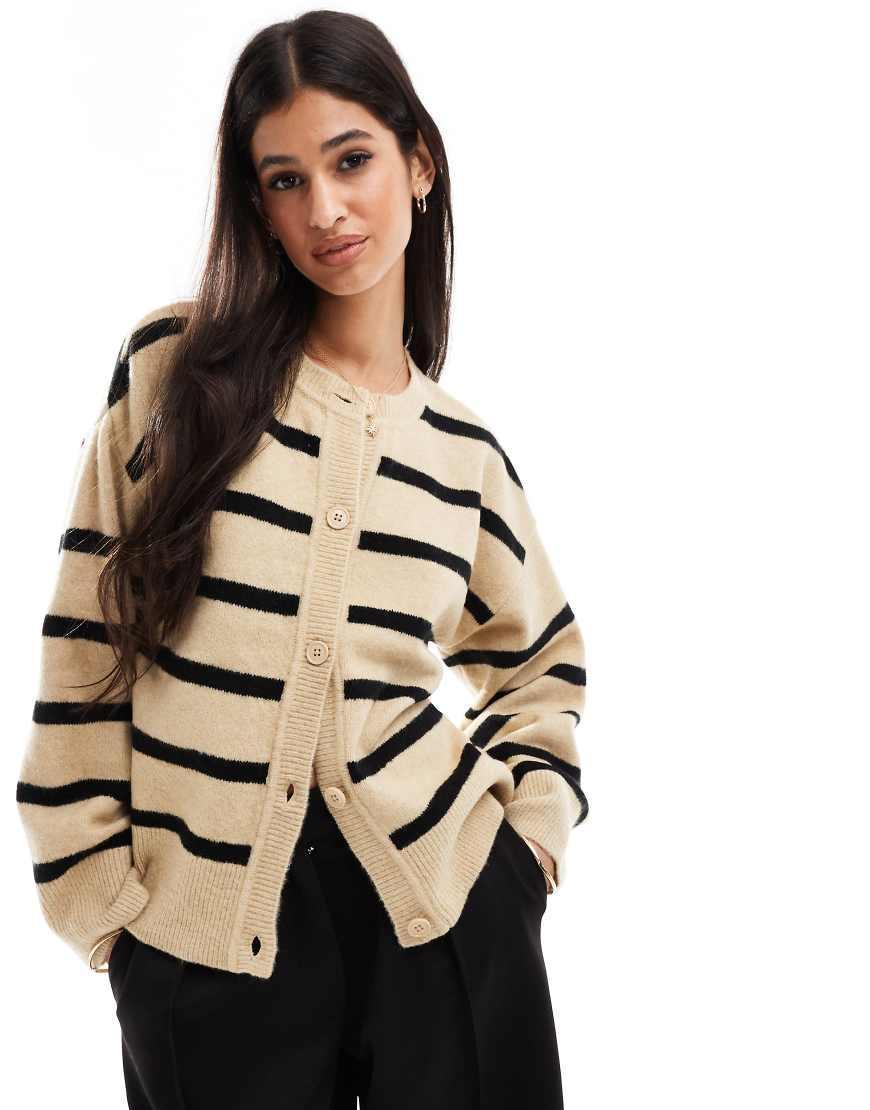 ASOS DESIGN boxy knit button front crew neck cardigan in stripe Product Image