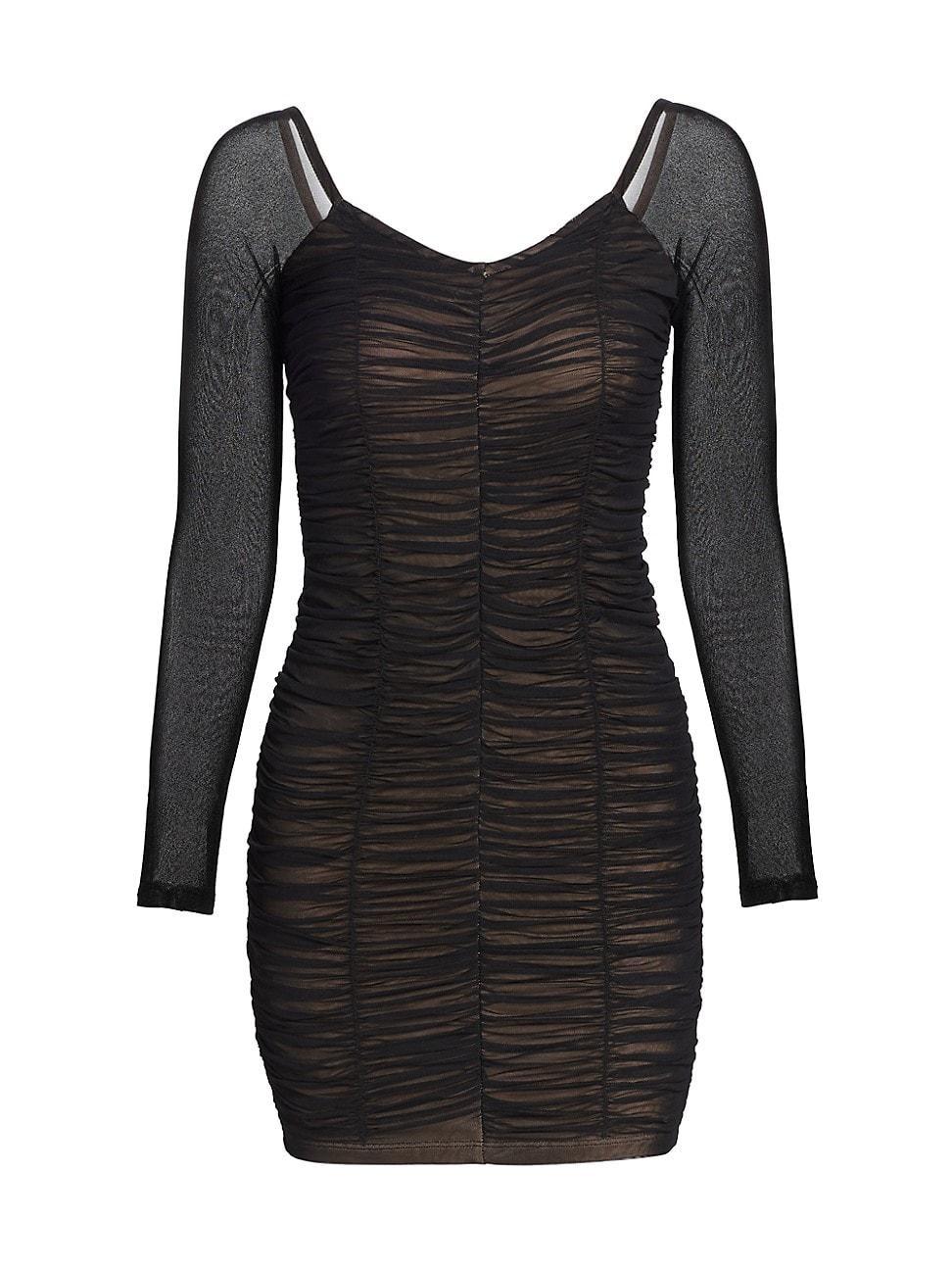 Good American Ruched Off the Shoulder Long Sleeve Mesh Body-Con Dress Product Image