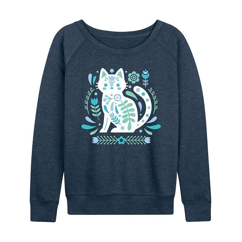 Womens Scandinavian Cat Lightweight French Terry Sweatshirt, Girls Grey Blue Product Image