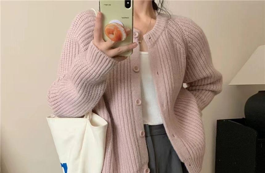 Raglan-Sleeve Round Neck Plain Ribbed Cardigan Product Image