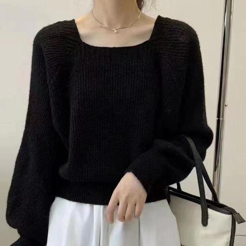 Square Neck Ribbed Pointelle Sweater Product Image